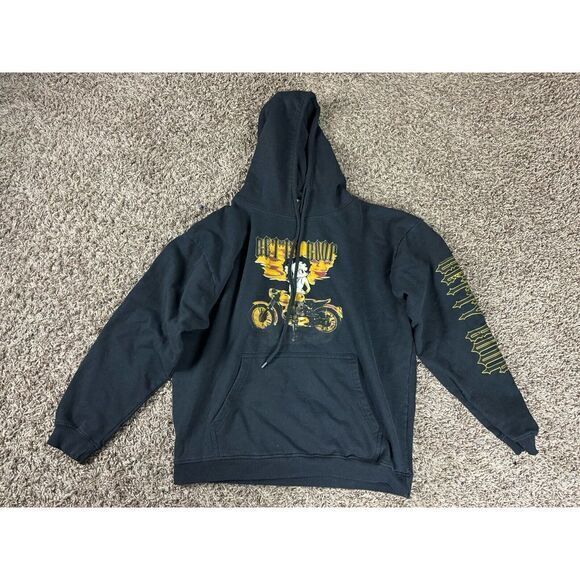 Brisco Brands Betty Boop Biker Print Pullover‎ Sweater Hoodie Womens Large Black - Picture 1 of 6